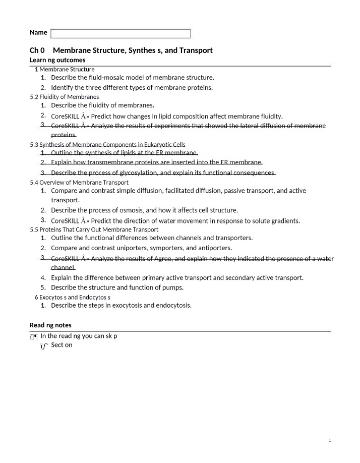 Worksheet on Membrane Structure, Synthesis, and Transport