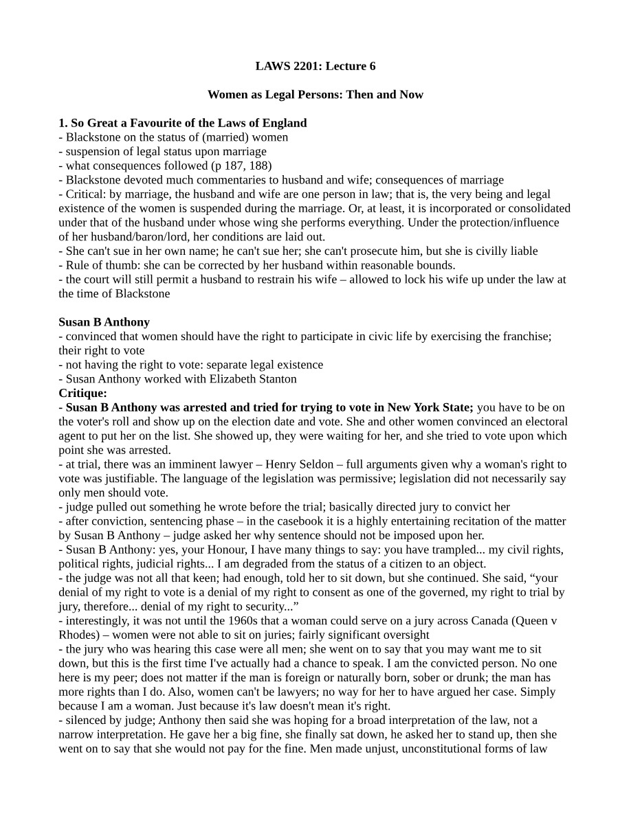 Women as Legal Persons - Then and Now (Lecture 6)