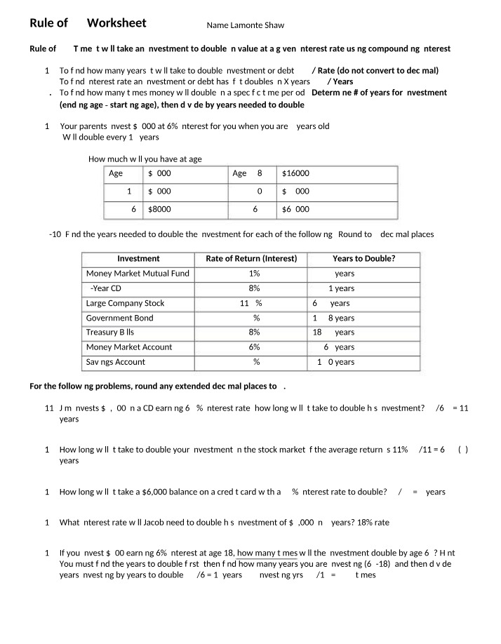 Worksheet on the Rule of 72