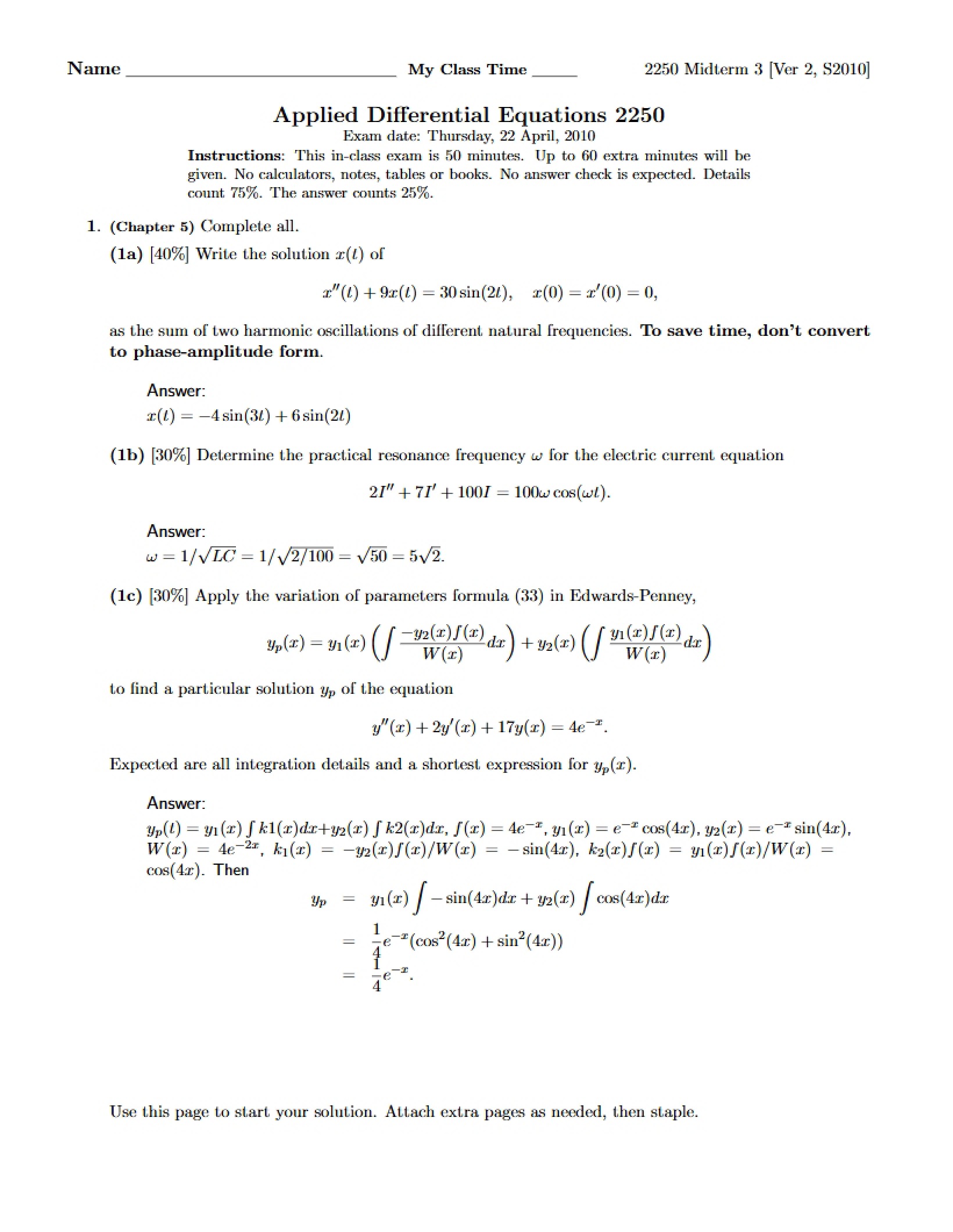 Solutions for Third Midterm