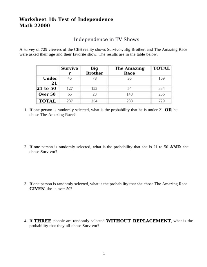 Test of Independence - Worksheet 10