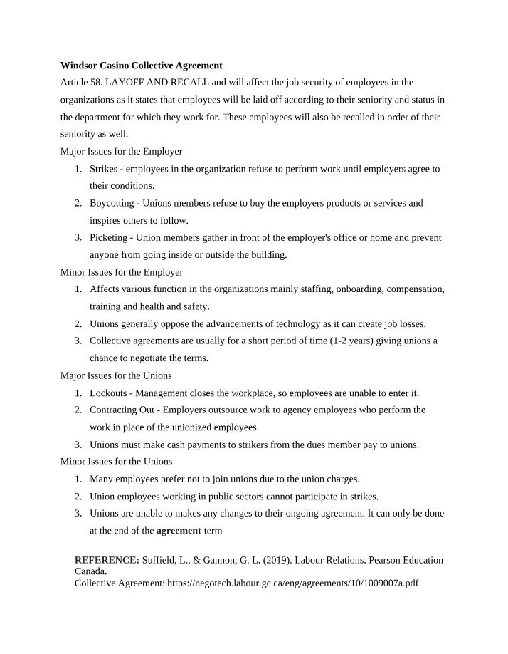 Windsor Casino Collective Agreement - Article 58 Layoff and Recall