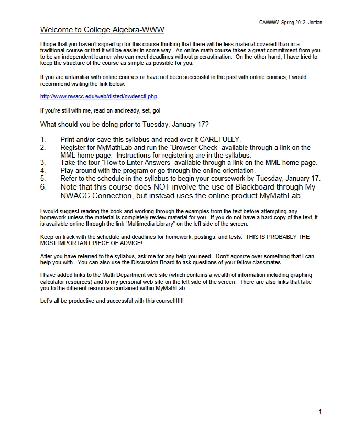 College Algebra Course Guide