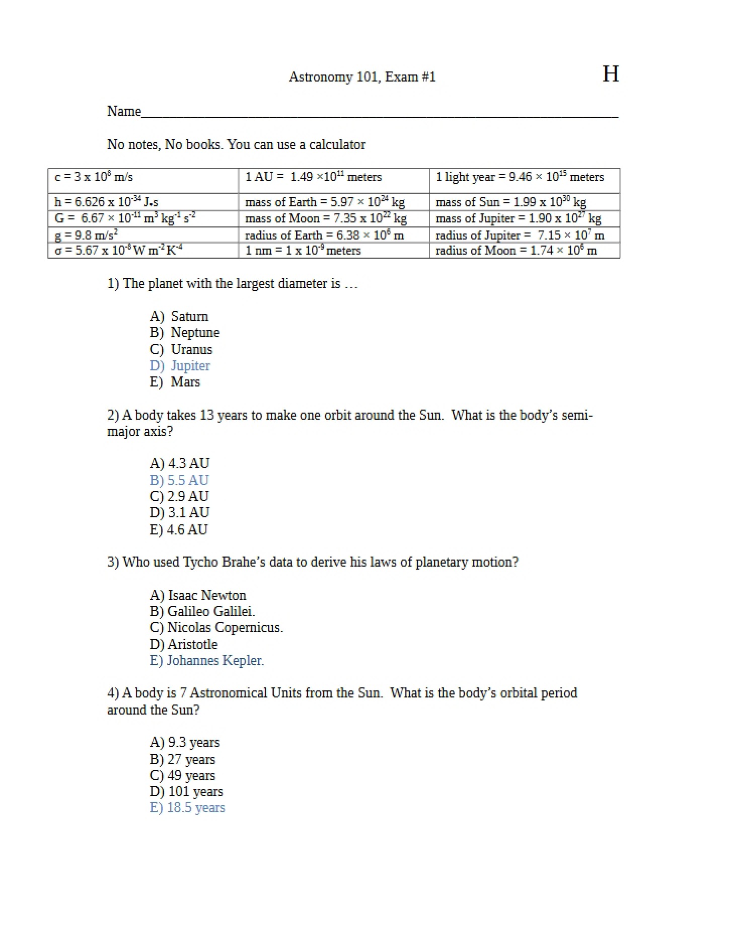 AST 101 Examination - 8 Pages