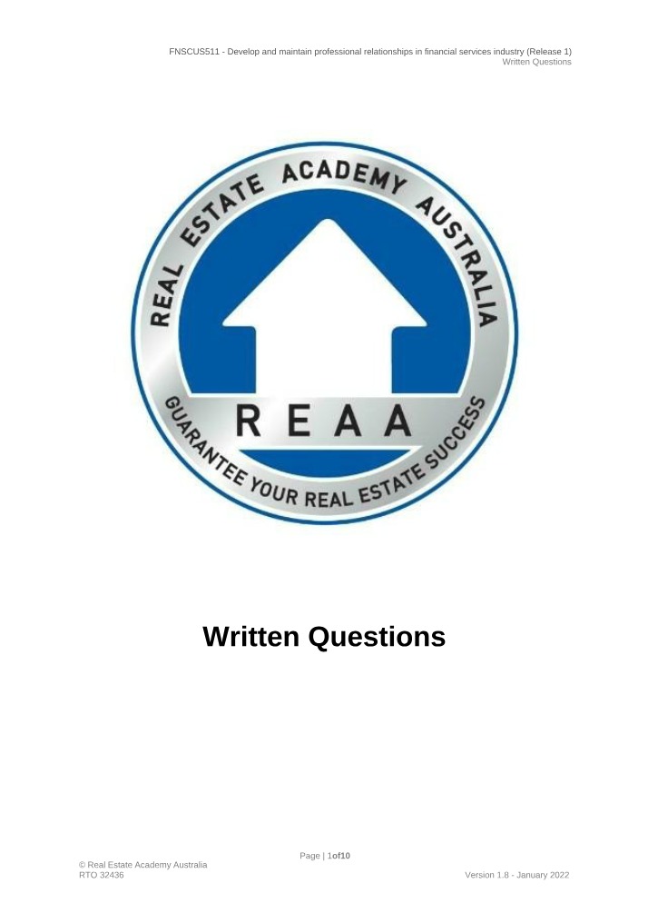 FNSCUS511 Written Questions Series