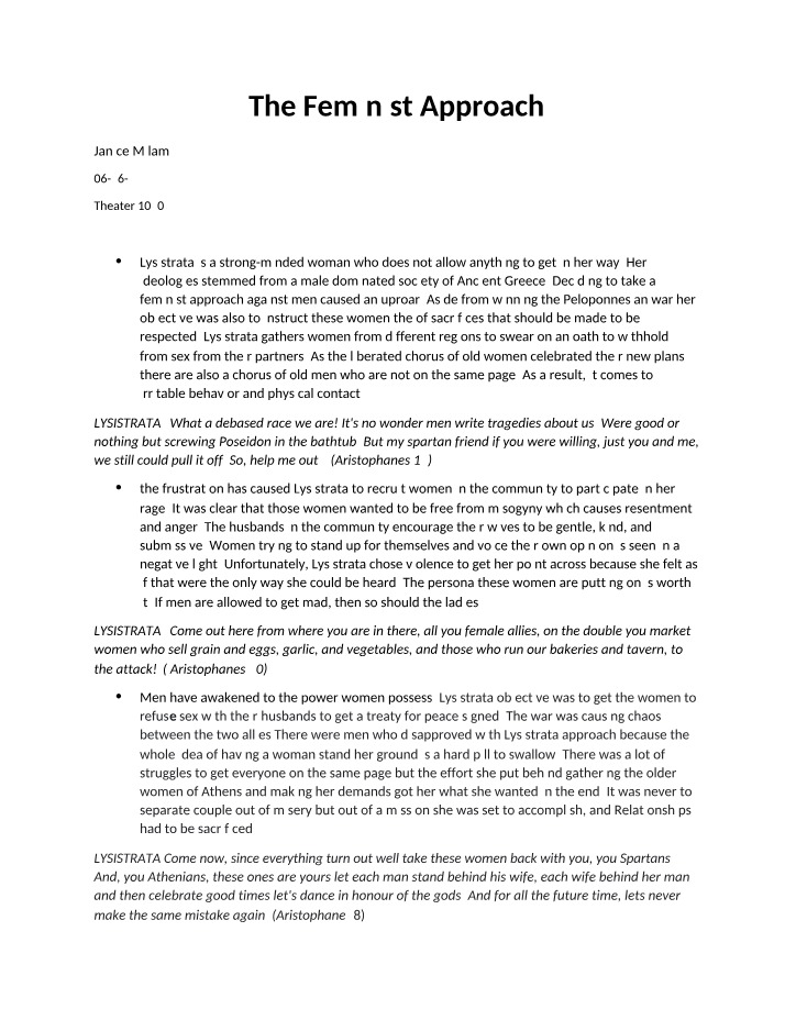 Lysistrata's Quest for Equality - A Feminist Approach
