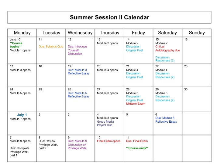 WMST 113 Calendar (Summer 2019)