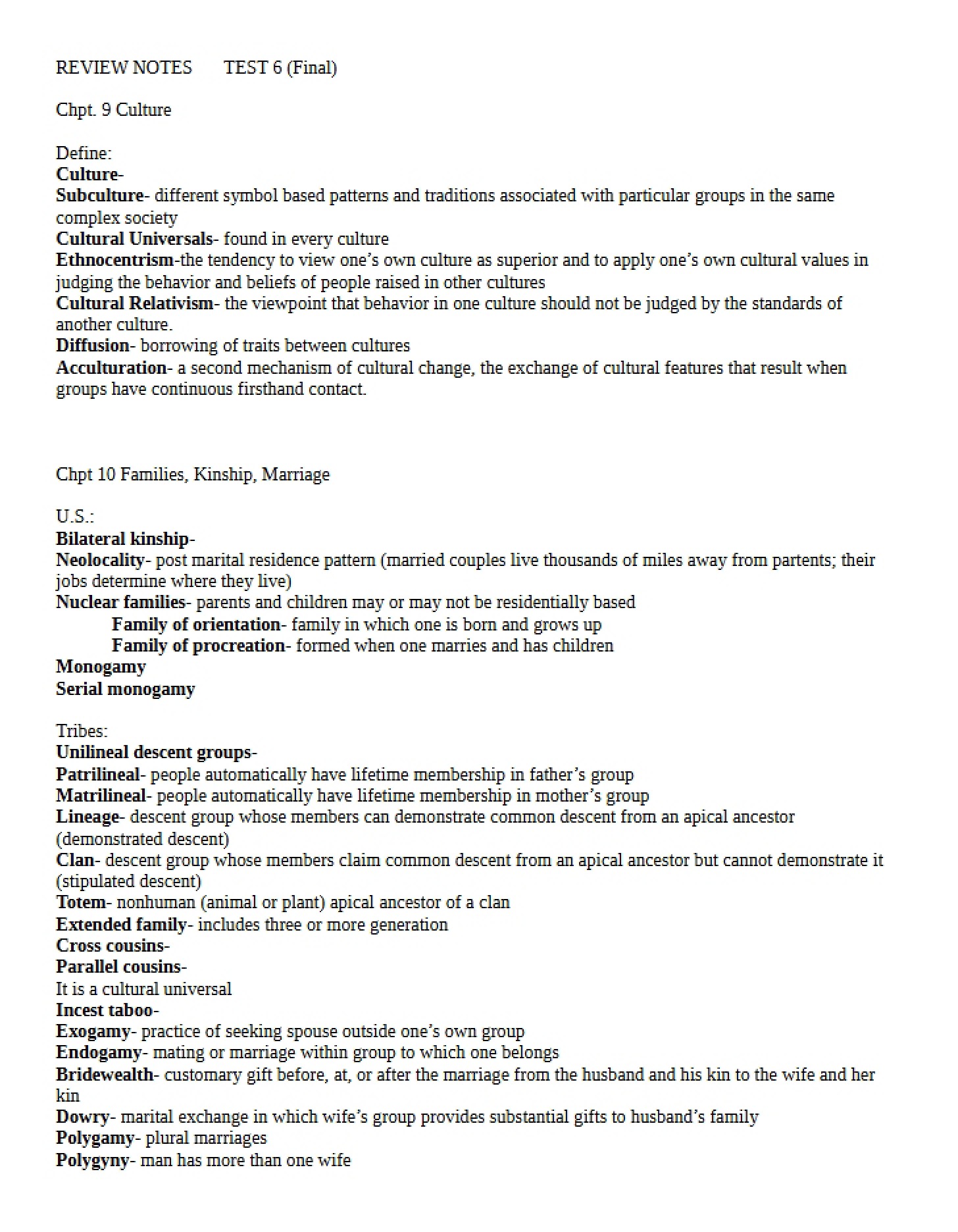 Review Notes Exam 6