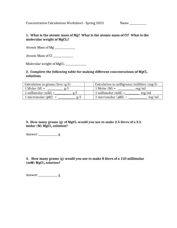 Worksheet for Concentration Calculations