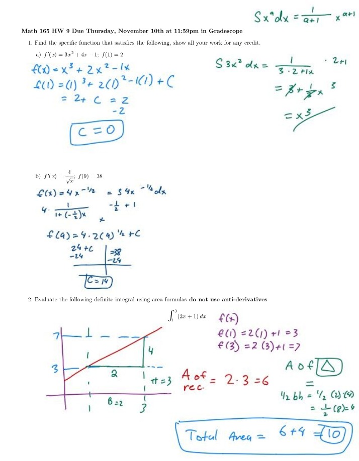 Find Functions and Evaluate Integrals - MATH 165 HW 9