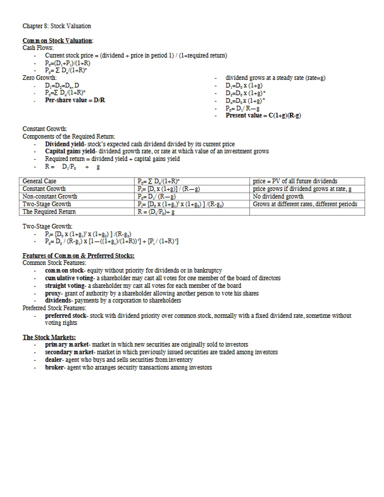 Valuation of Stocks (Chapter 8)