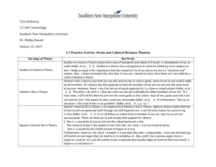 Strain and Cultural Deviance Theories - 3-1 Practice Activity