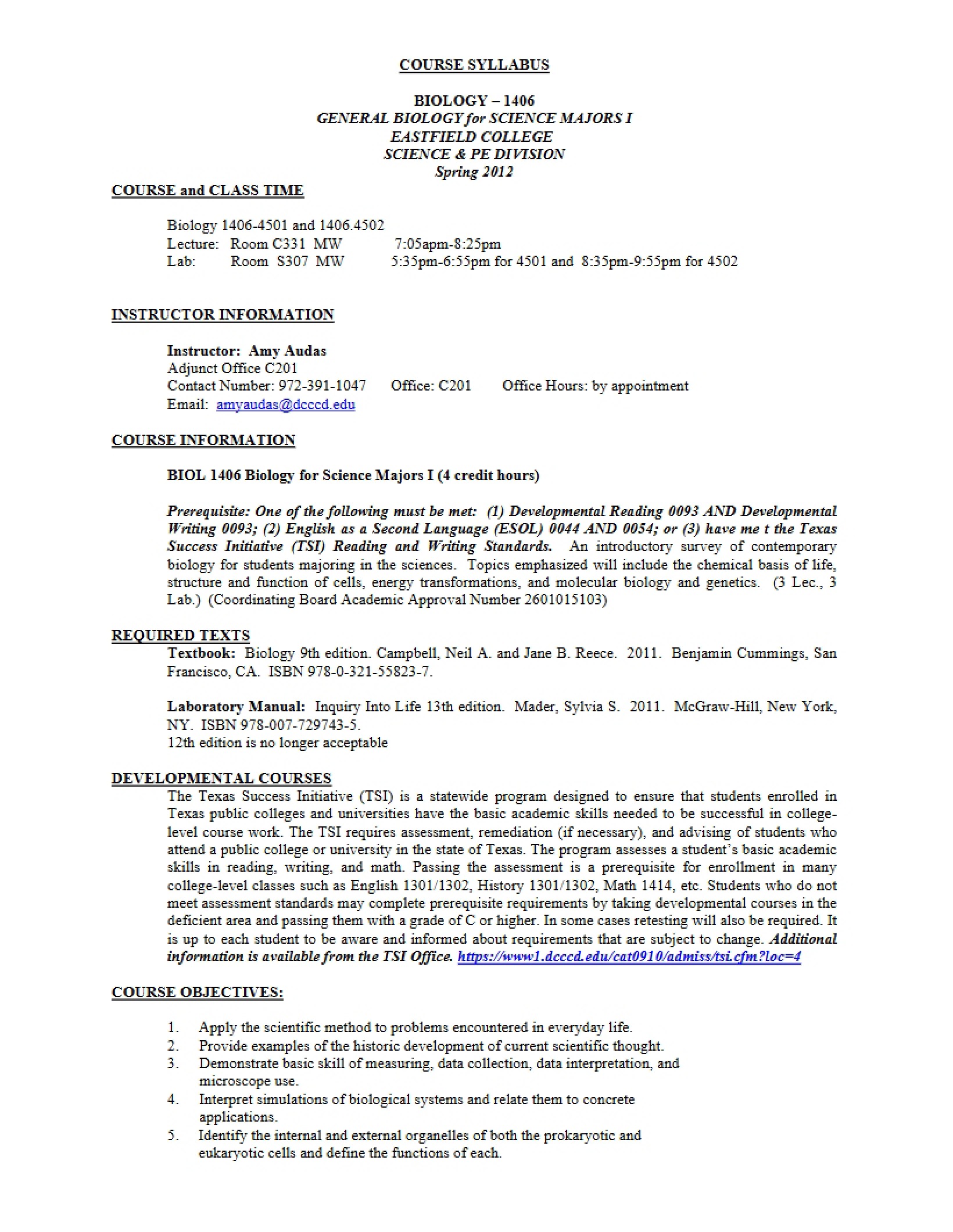 Syllabus Biology for Science Majors I