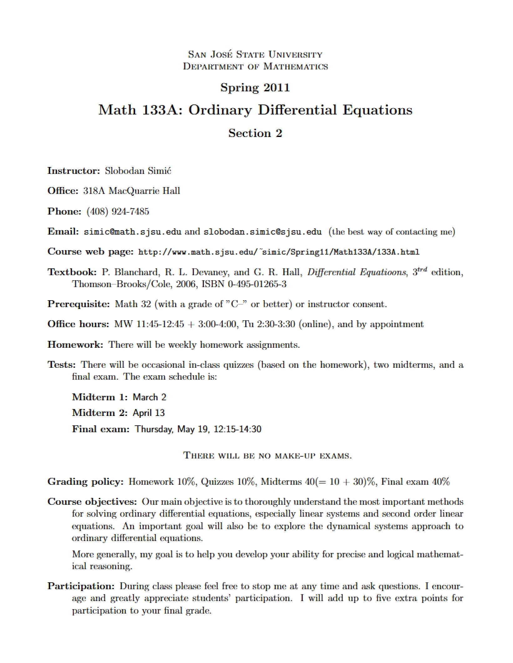 Course Outline Differential Equations