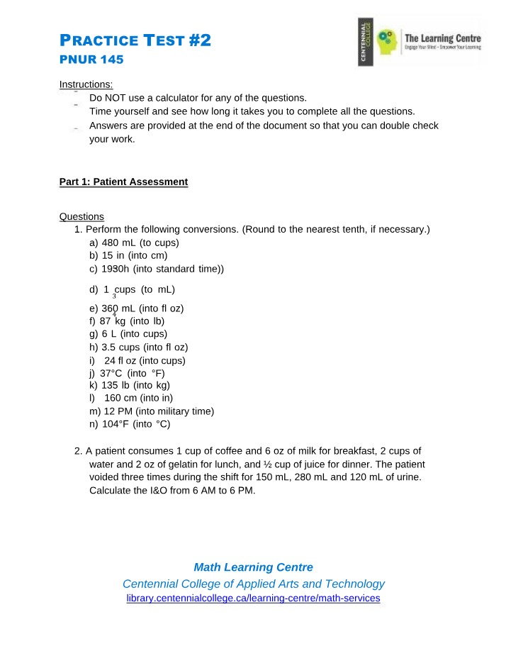 Practice Test #2 for PNUR 145