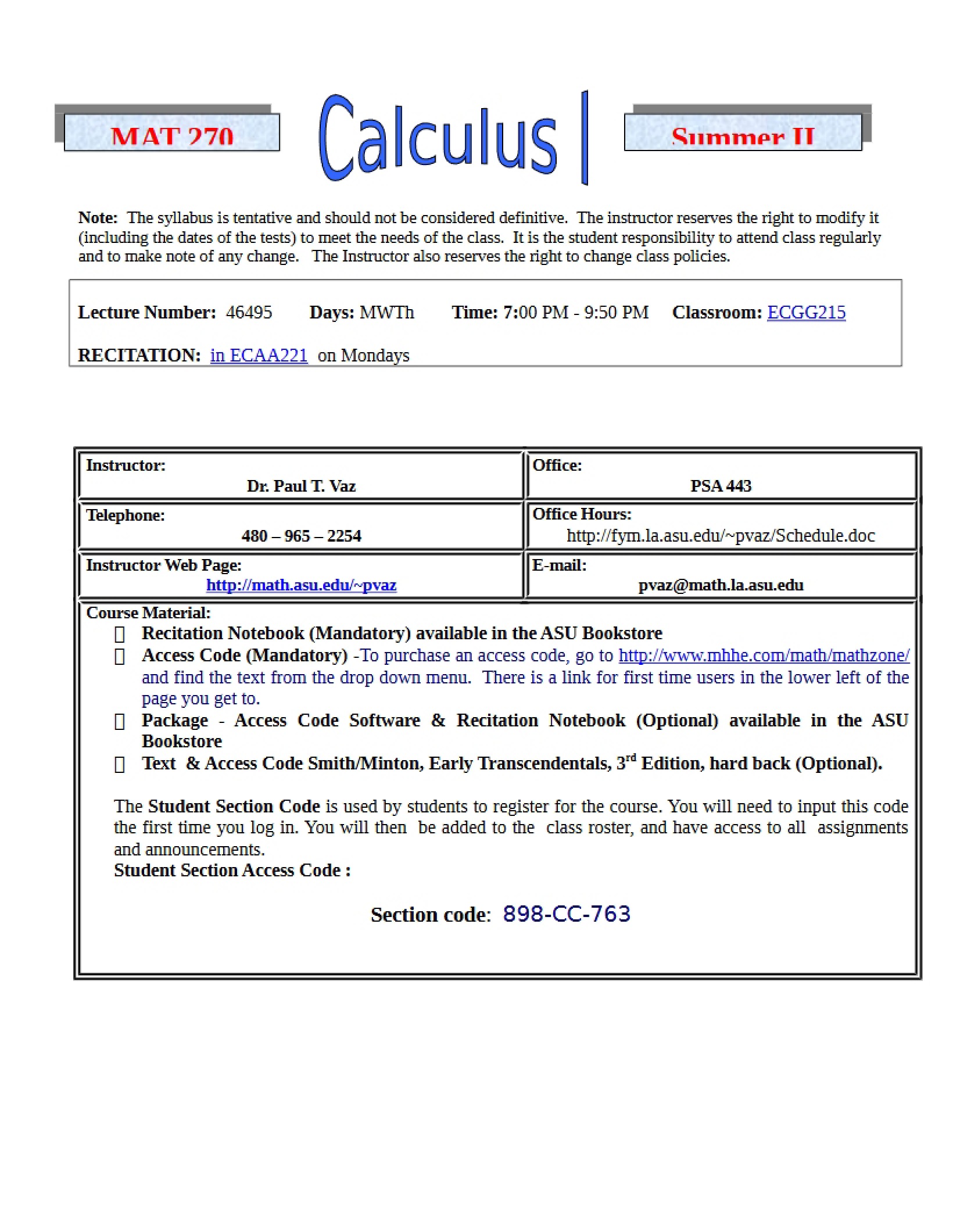 Calculus I Course Syllabus