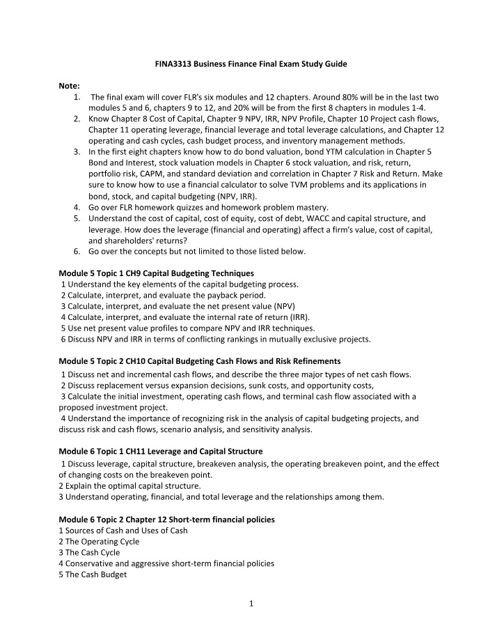Business Finance - Capital Budgeting and Cash Techniques
