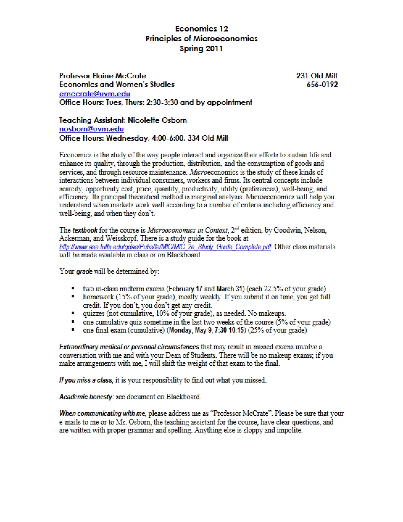 Syllabus for Principles of Microeconomics
