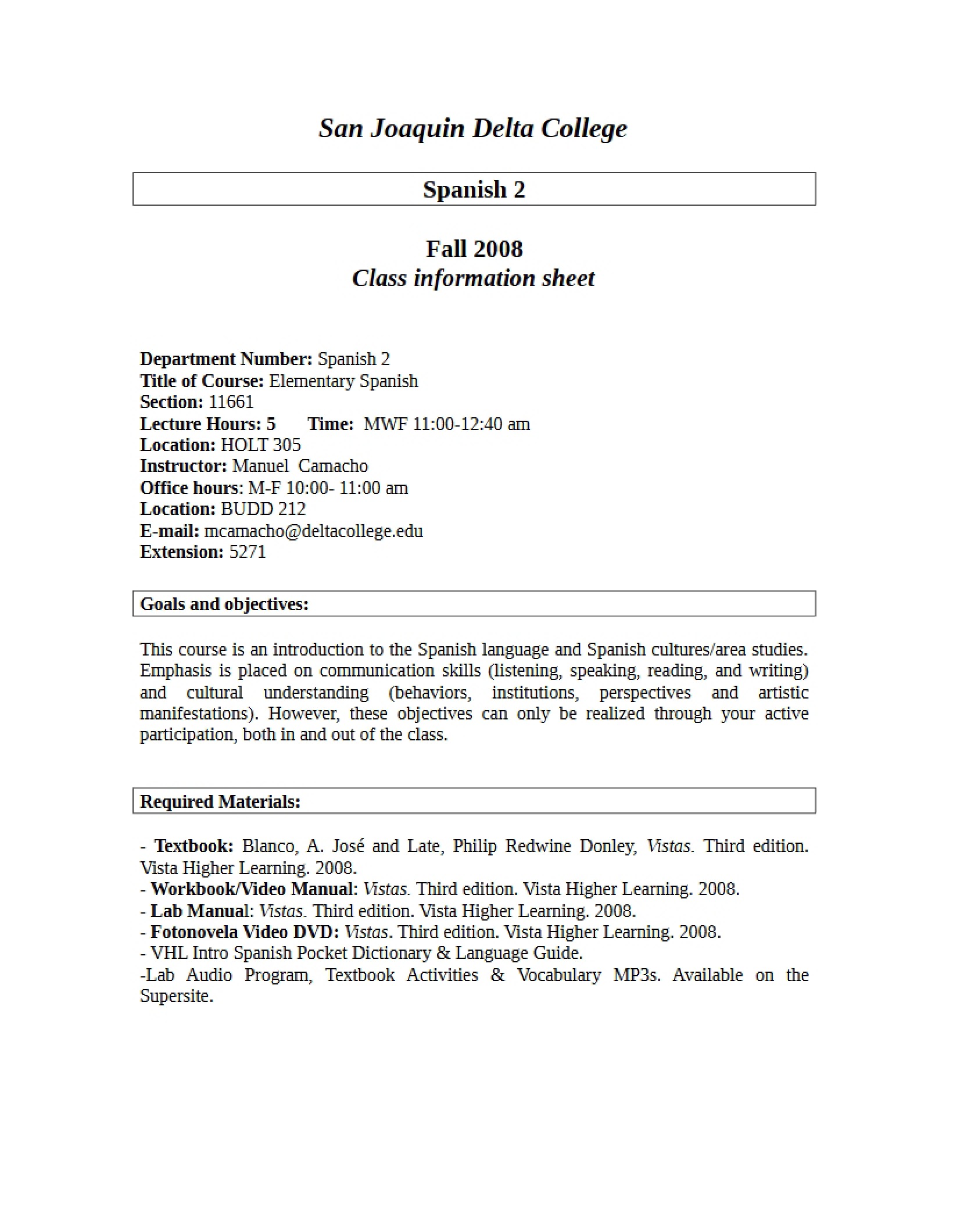Class Info Elementary Spanish II