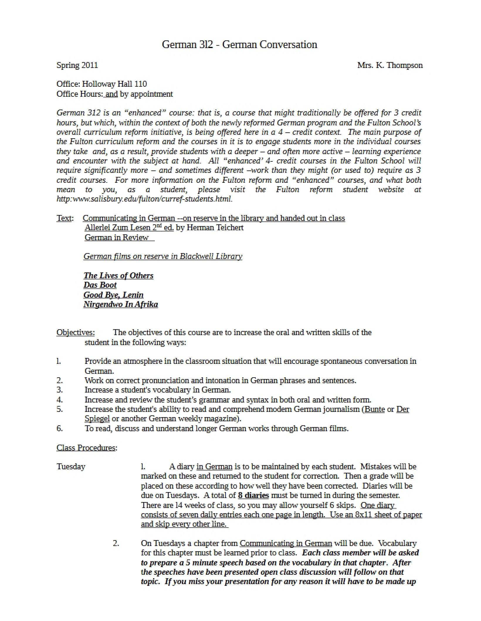 Syllabus for German Conversation