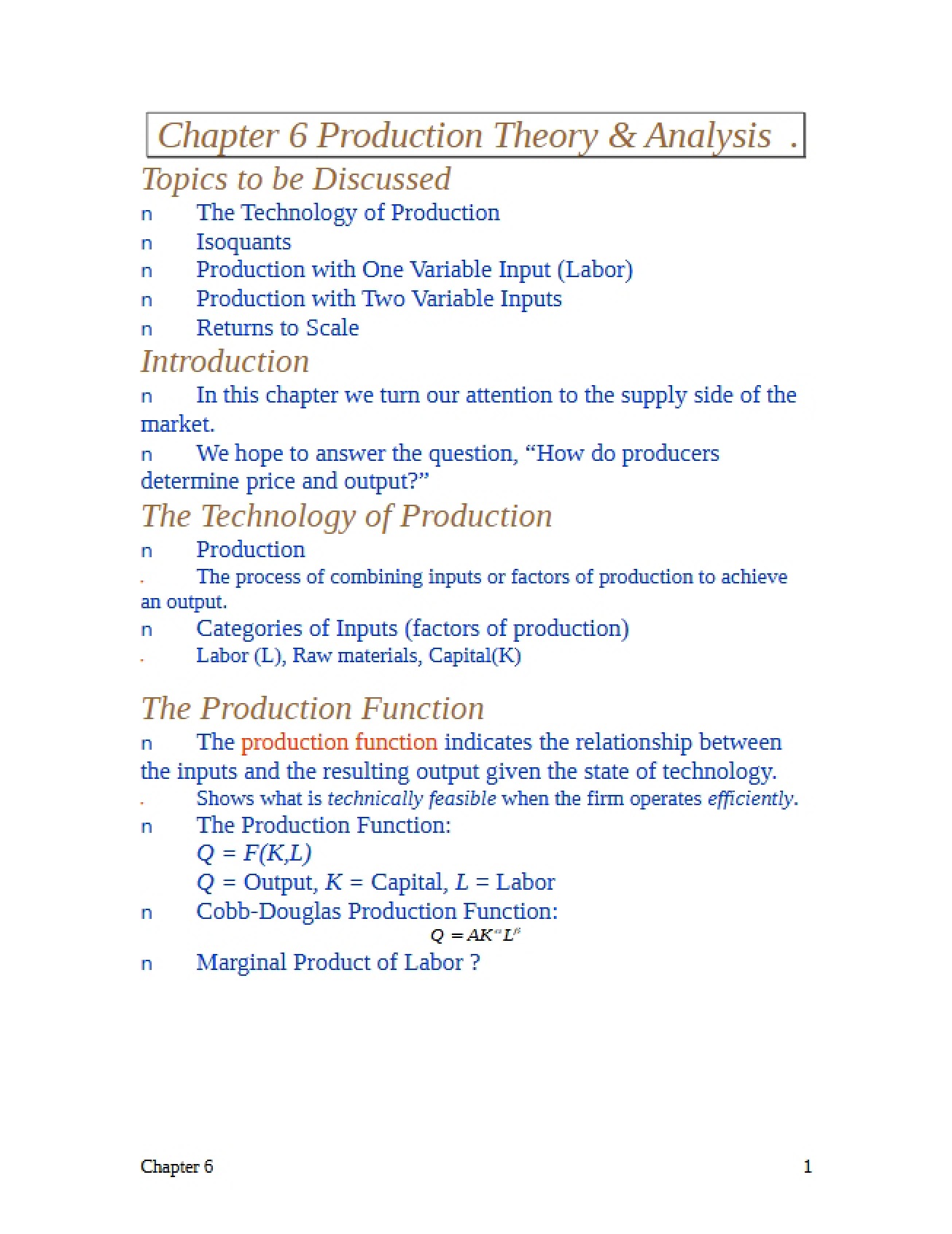Production Theory and Analysis (Ch 6)