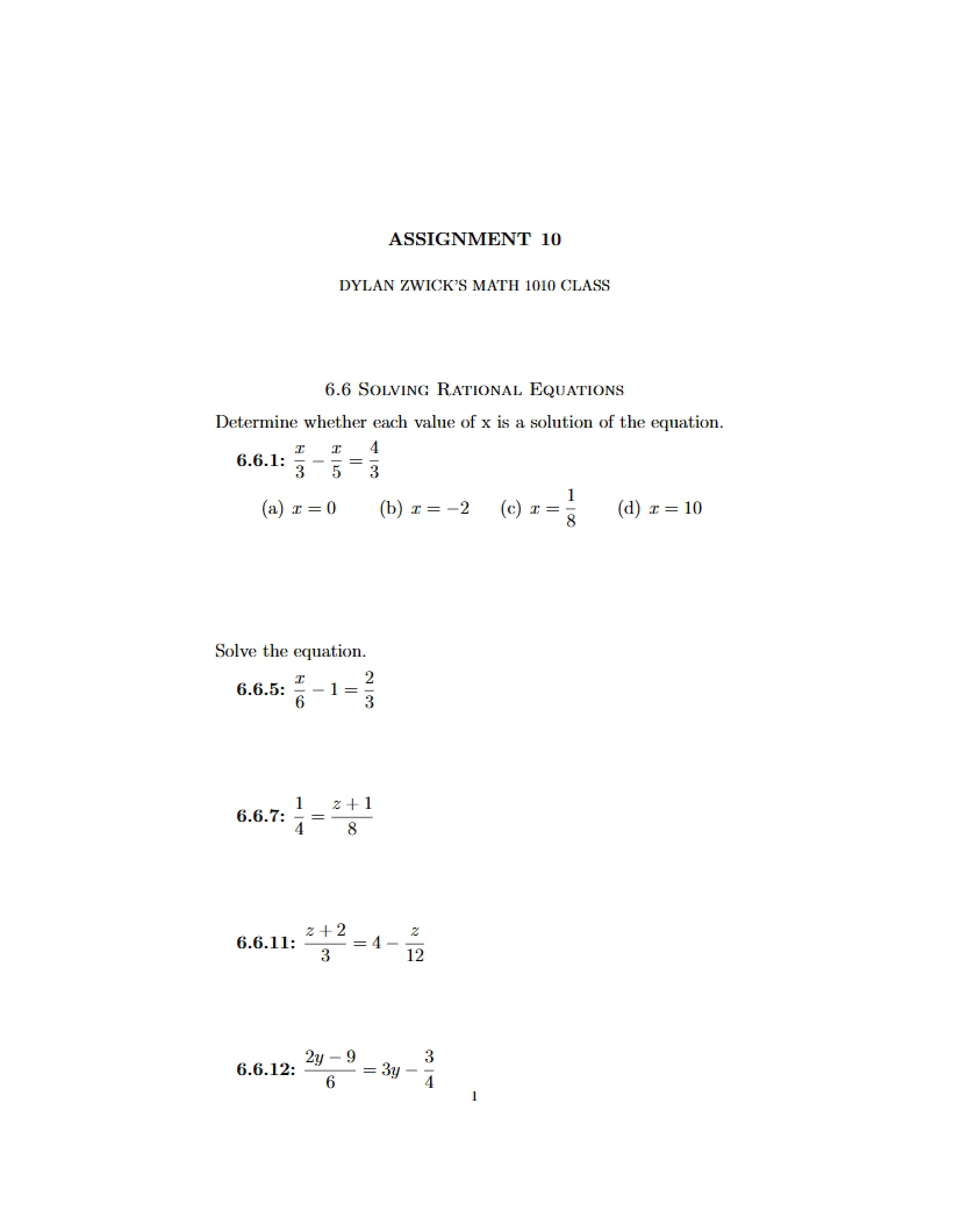 Assignment Rational Equation Solving