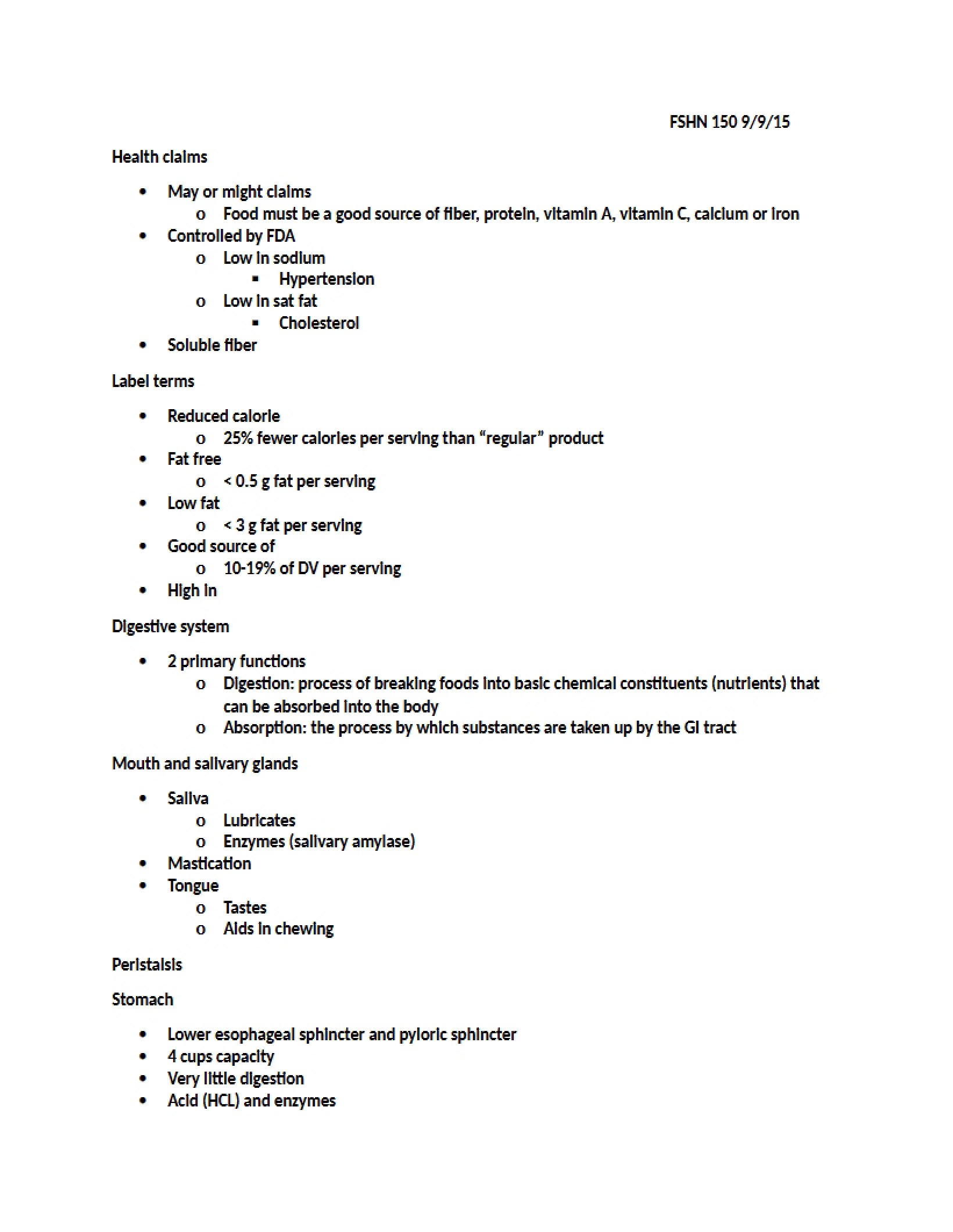 Digestive System, Label Terms, and Health Claims Notes