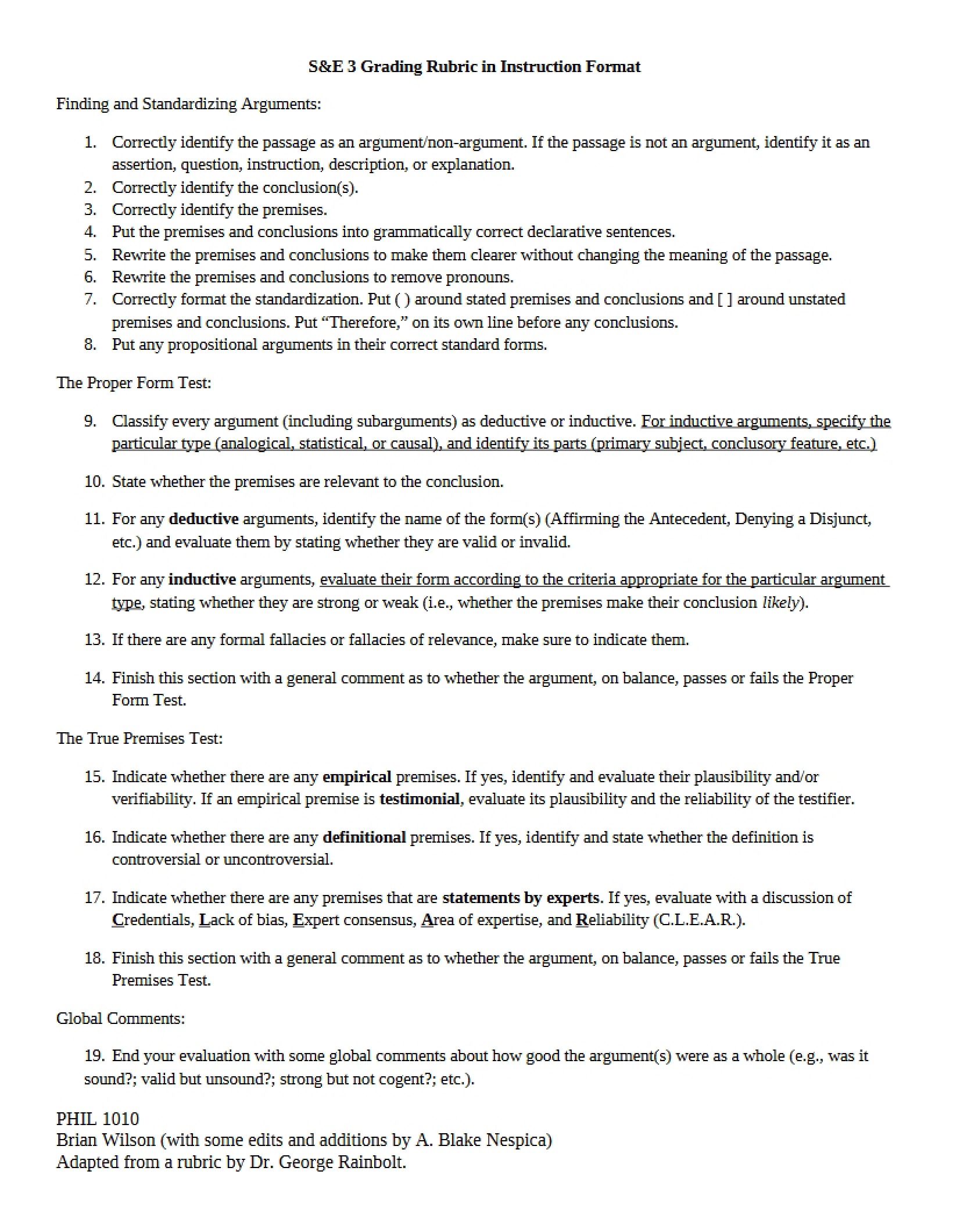 Instruction Format Rubric for S&E 3 Grading