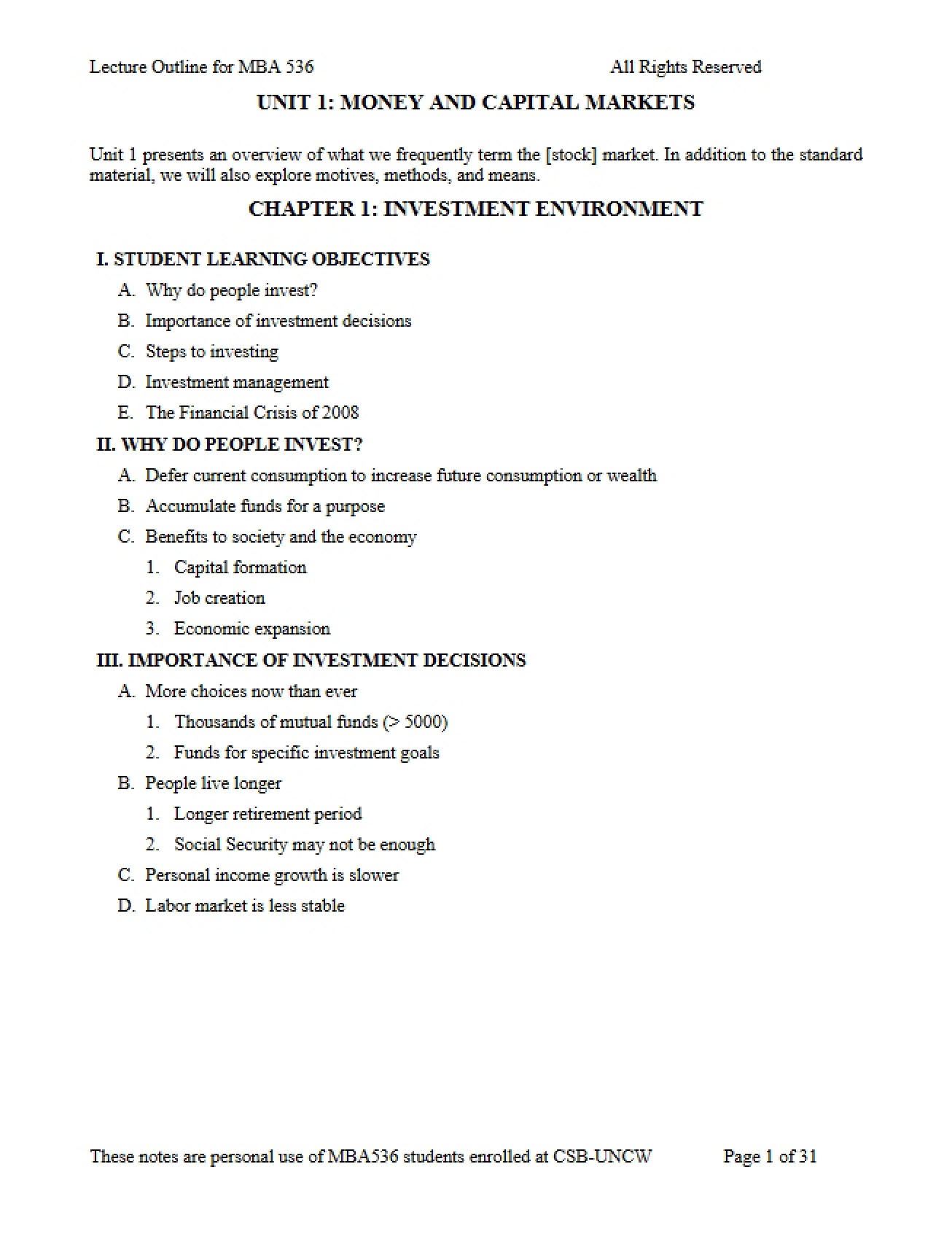 MBA 536 Outline for Lecture 1