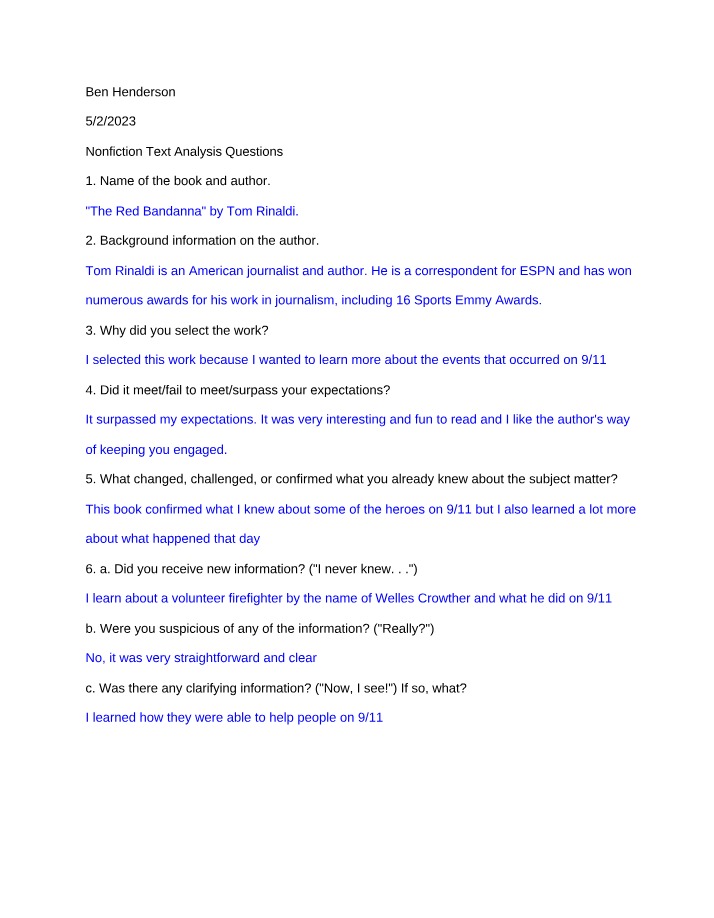 Analysis Questions for Nonfiction Texts
