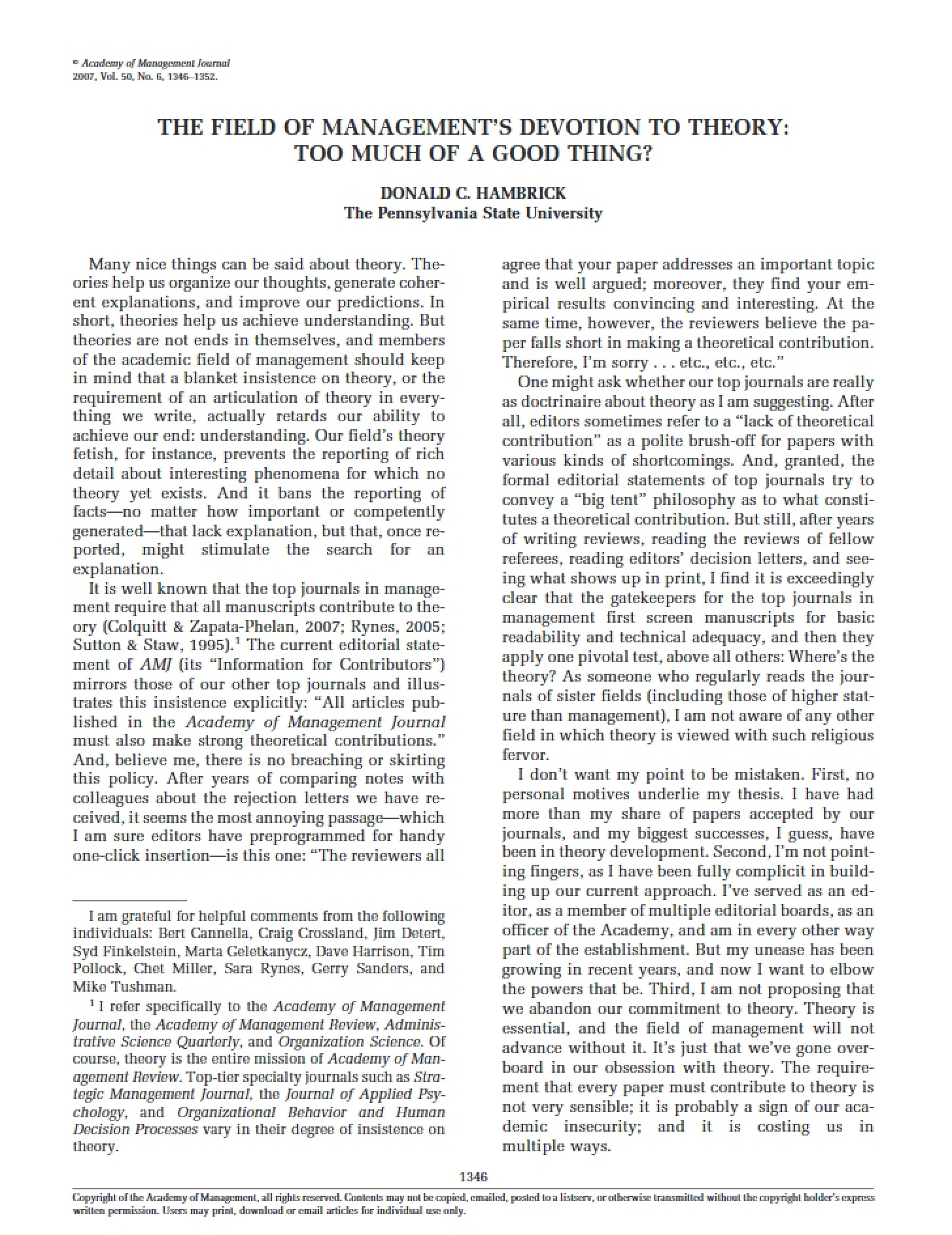 Management Field Devotion to Theory