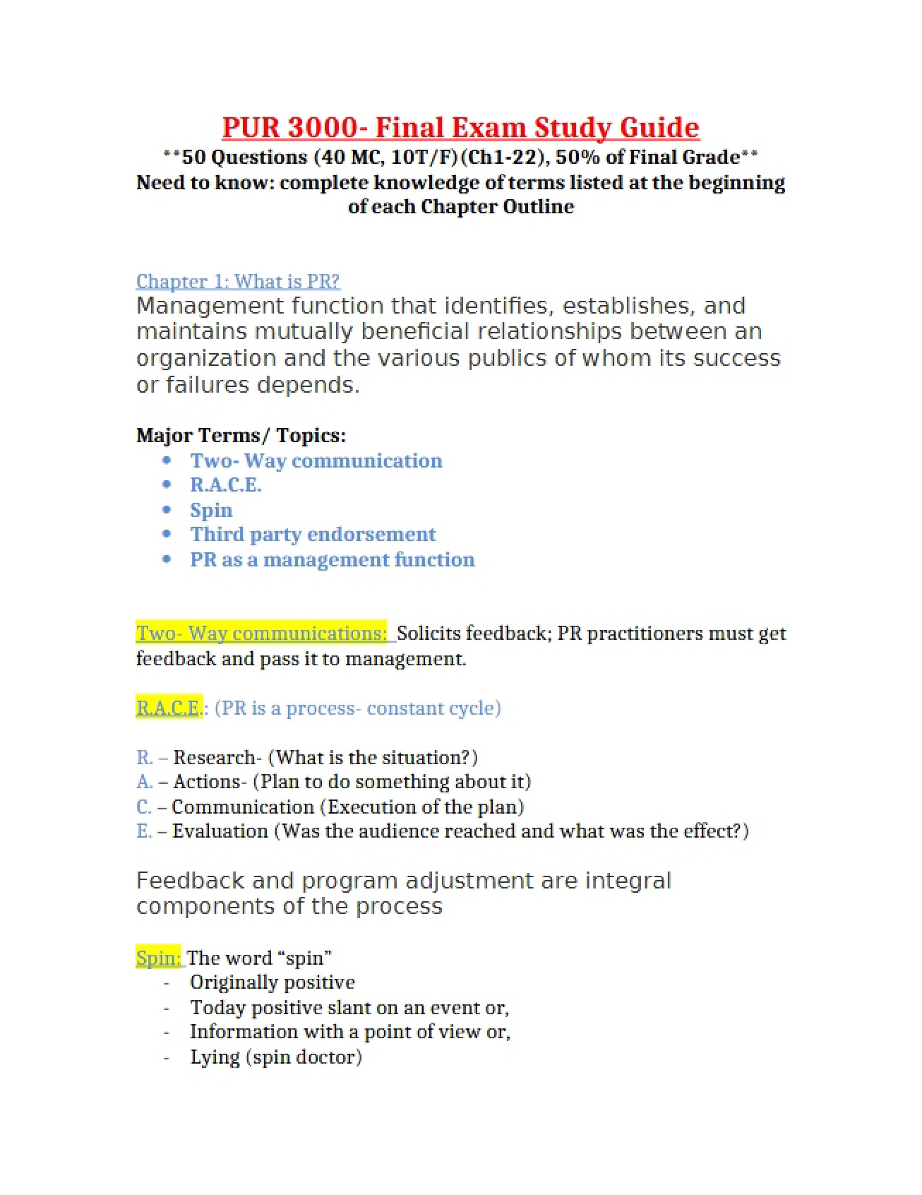 PR Final Exam Study Guide
