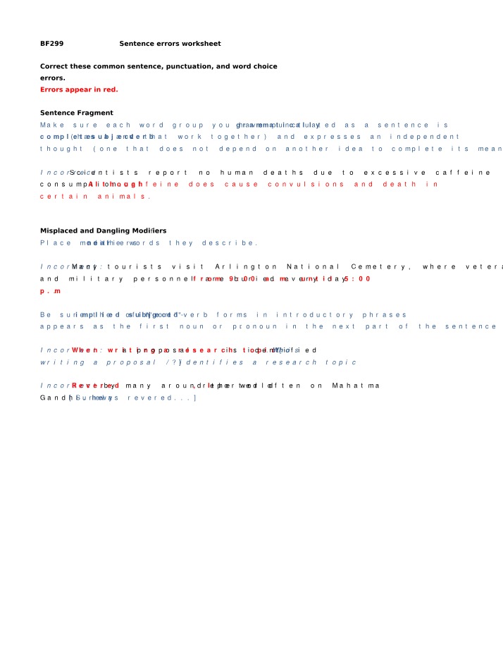 Worksheet on Sentence Errors