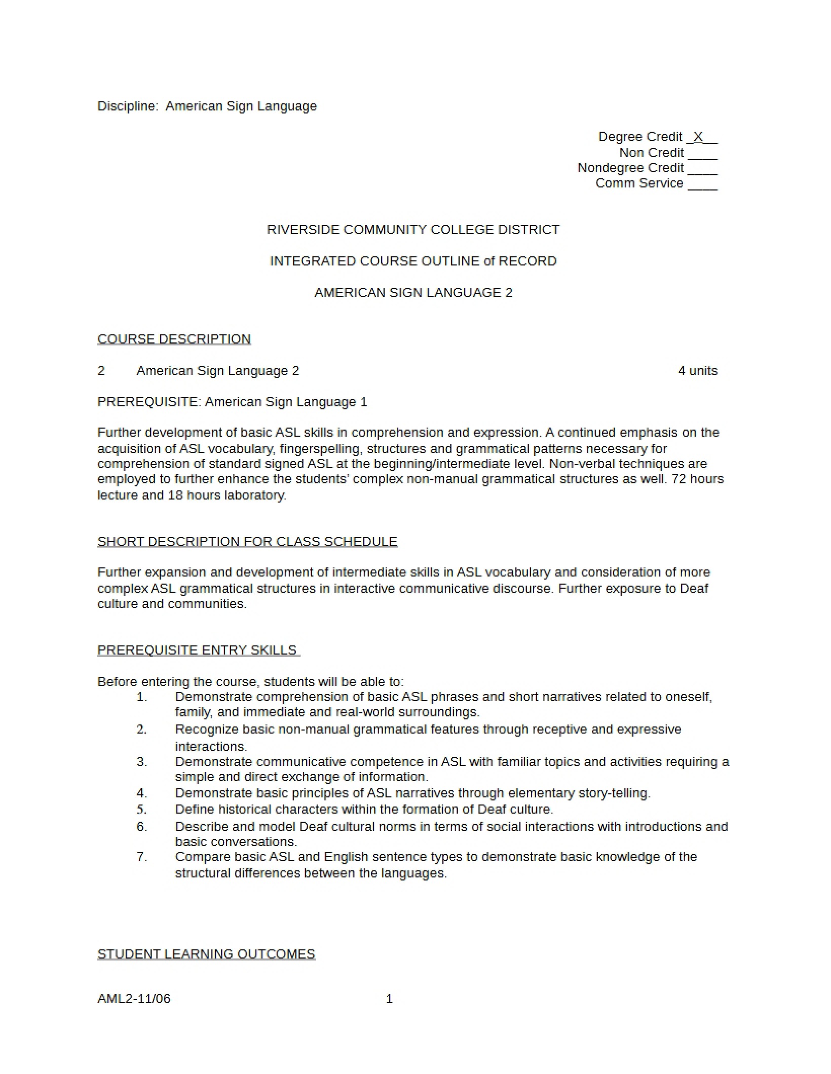 ASL 2 Course Outline