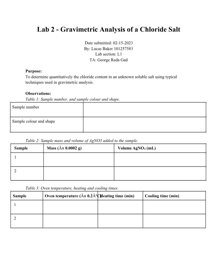 Lab 2 Gravimetric Analysis of a Chloride Salt Final