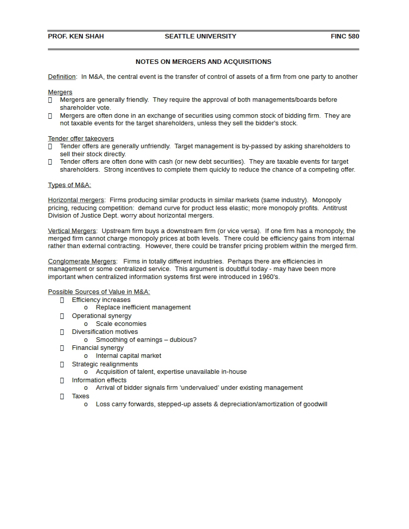 Acquisitions and Mergers Notes