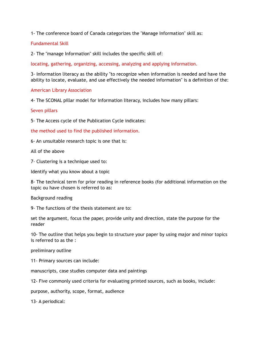 Information Literacy Quiz - Answer Key