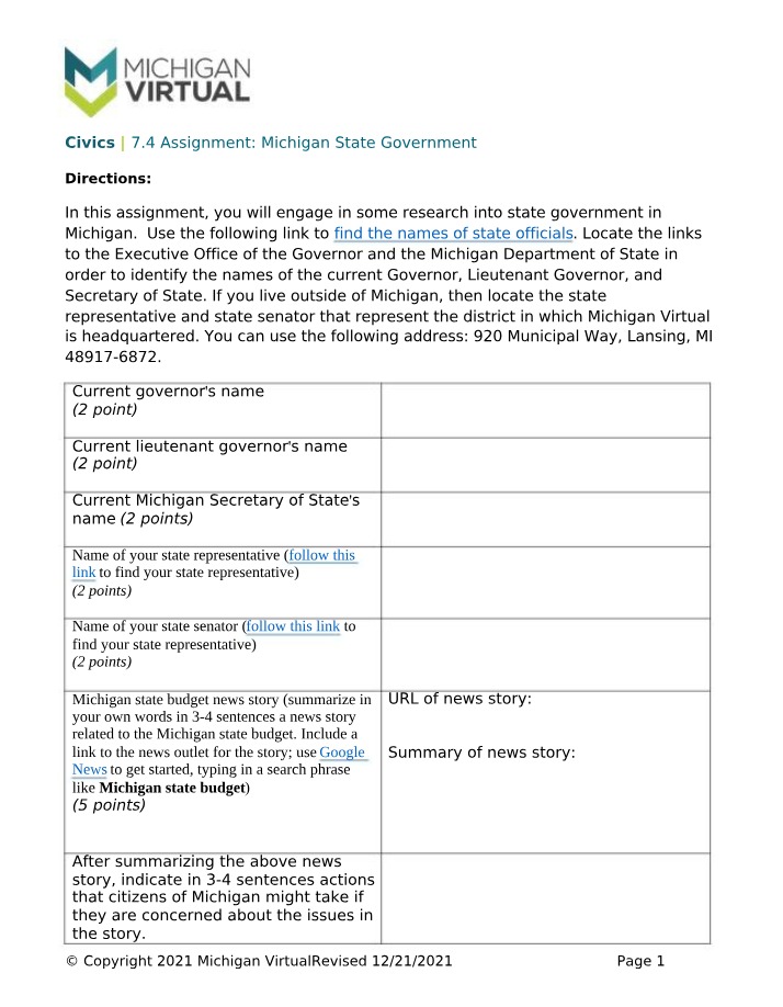 Assignment 7.4 - Michigan State Government