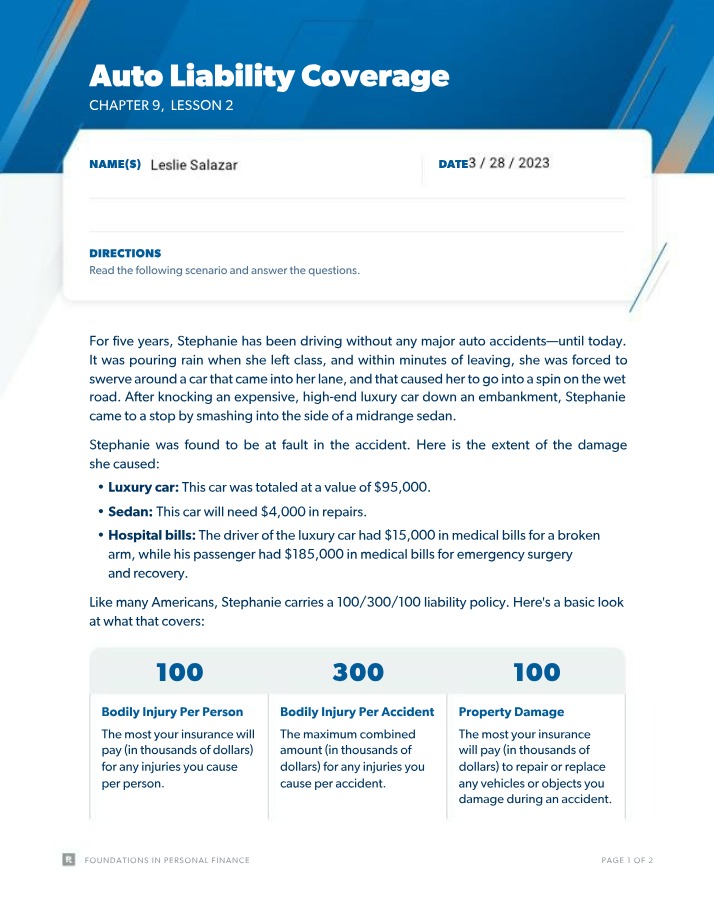 Chapter 9, Lesson 2 - Auto Liability Coverage