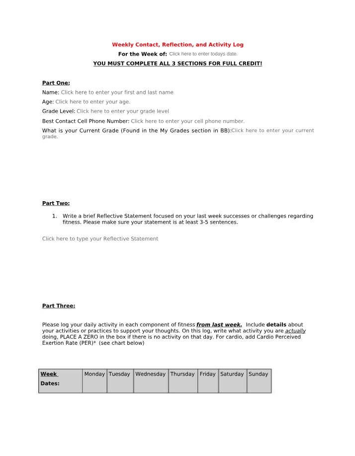 Weekly Fitness Reflection and Activity Log