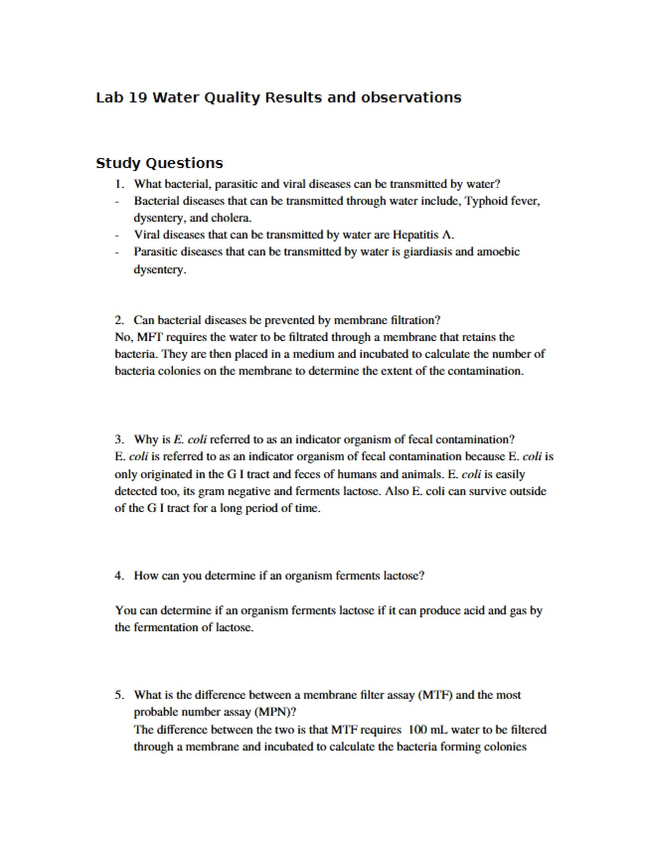 Observations and Results on Water Quality (Lab 19)