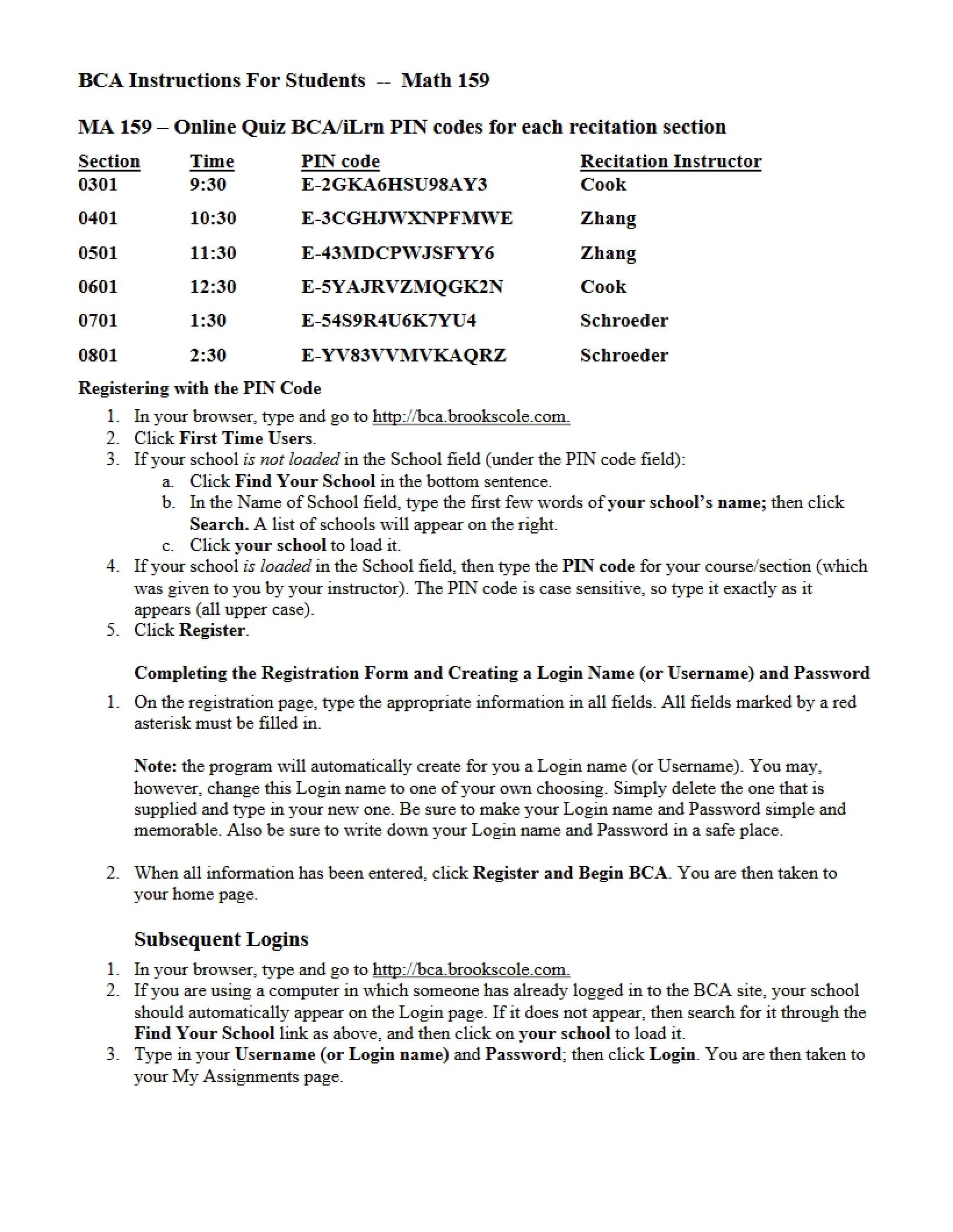 Student Instructions for BCA