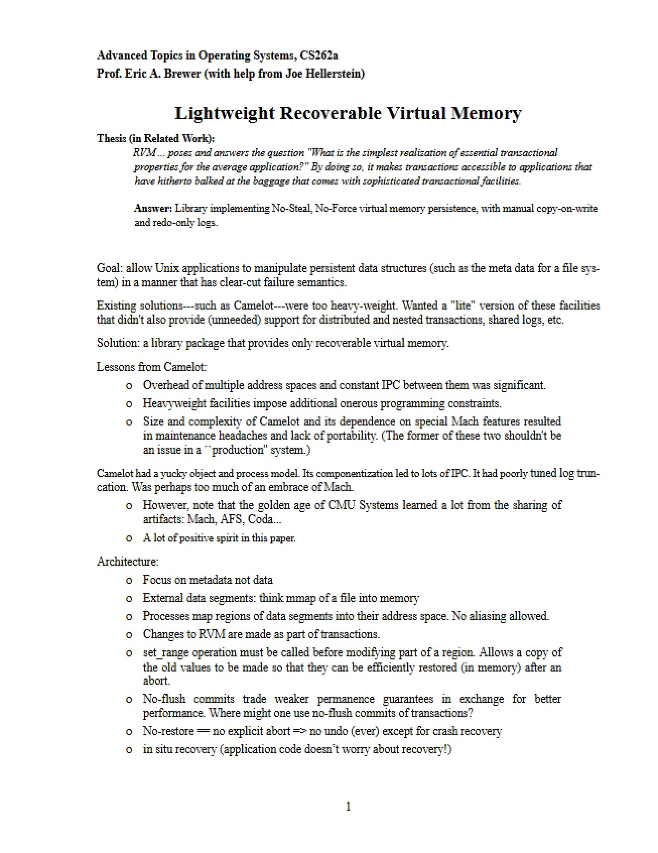 Virtual Memory Lightweight Recoverable