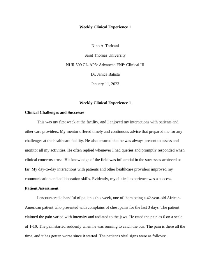Weekly Clinical Experience 1 - Challenges and Successes