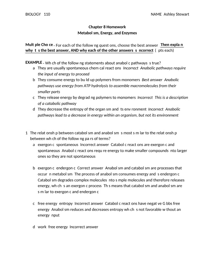Metabolism, Energy, and Enzymes - Chapter 8 Homework