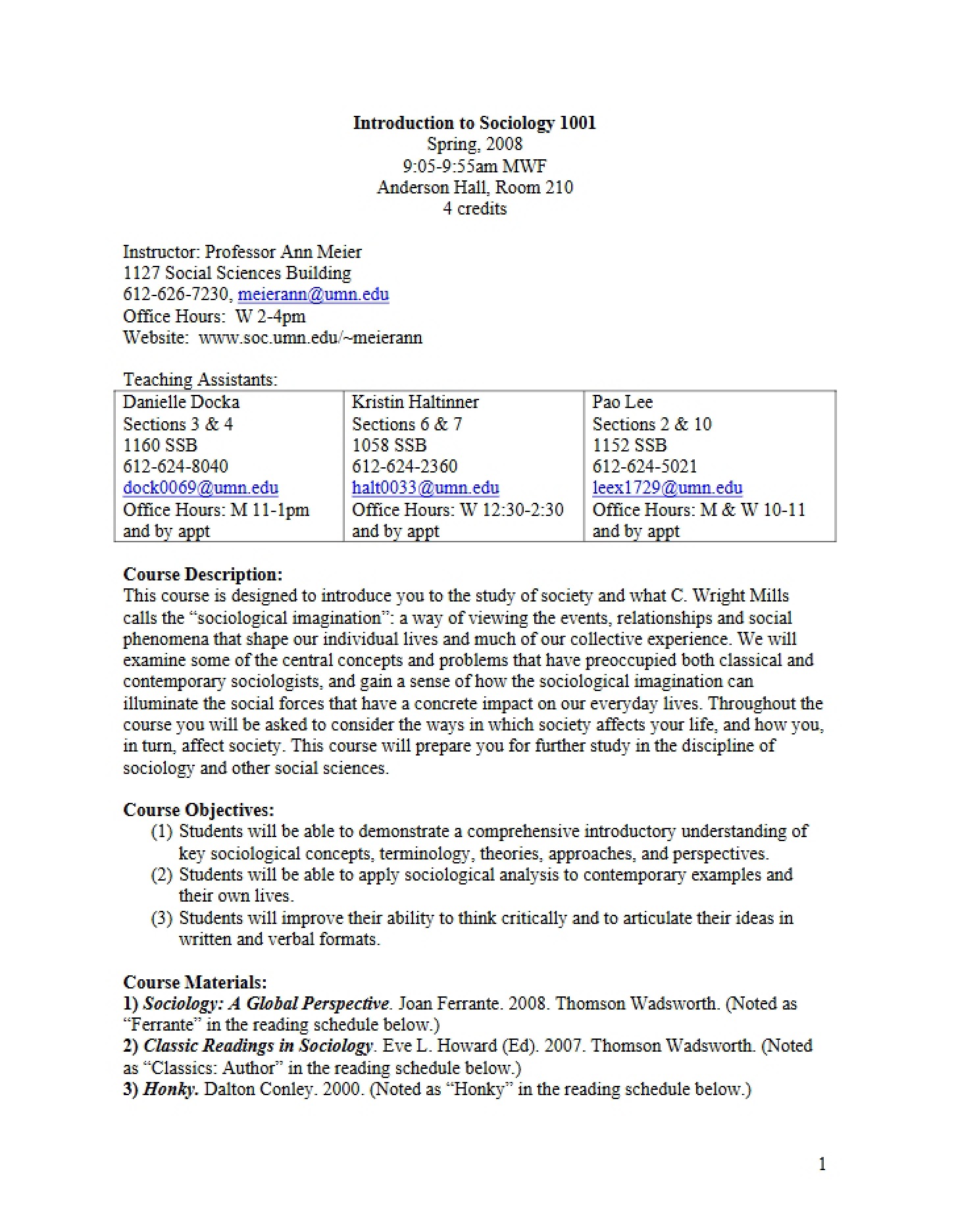 Sociology 1001 Class Schedule and Policies