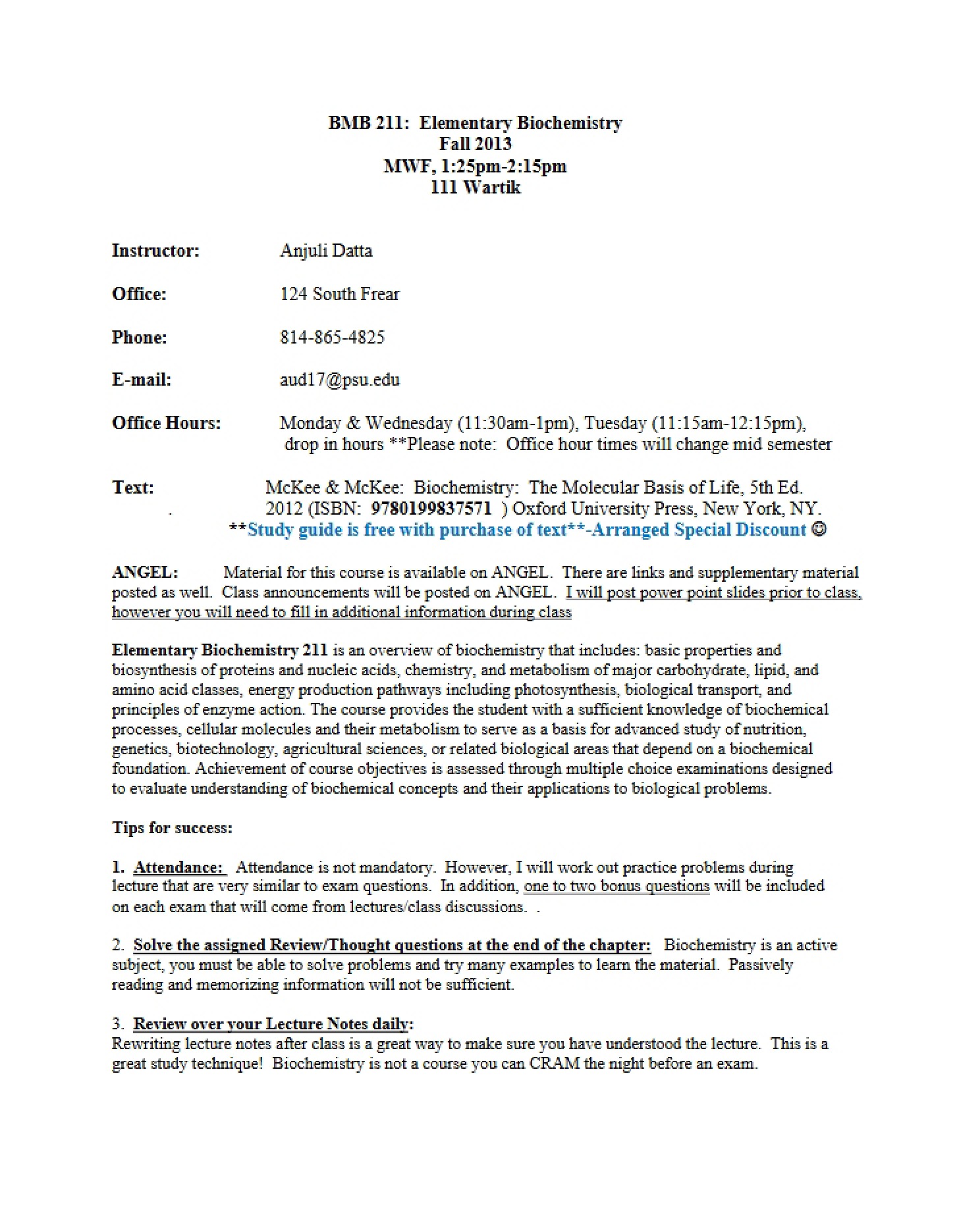Annotated Fall 2013 Syllabus for BMB 211