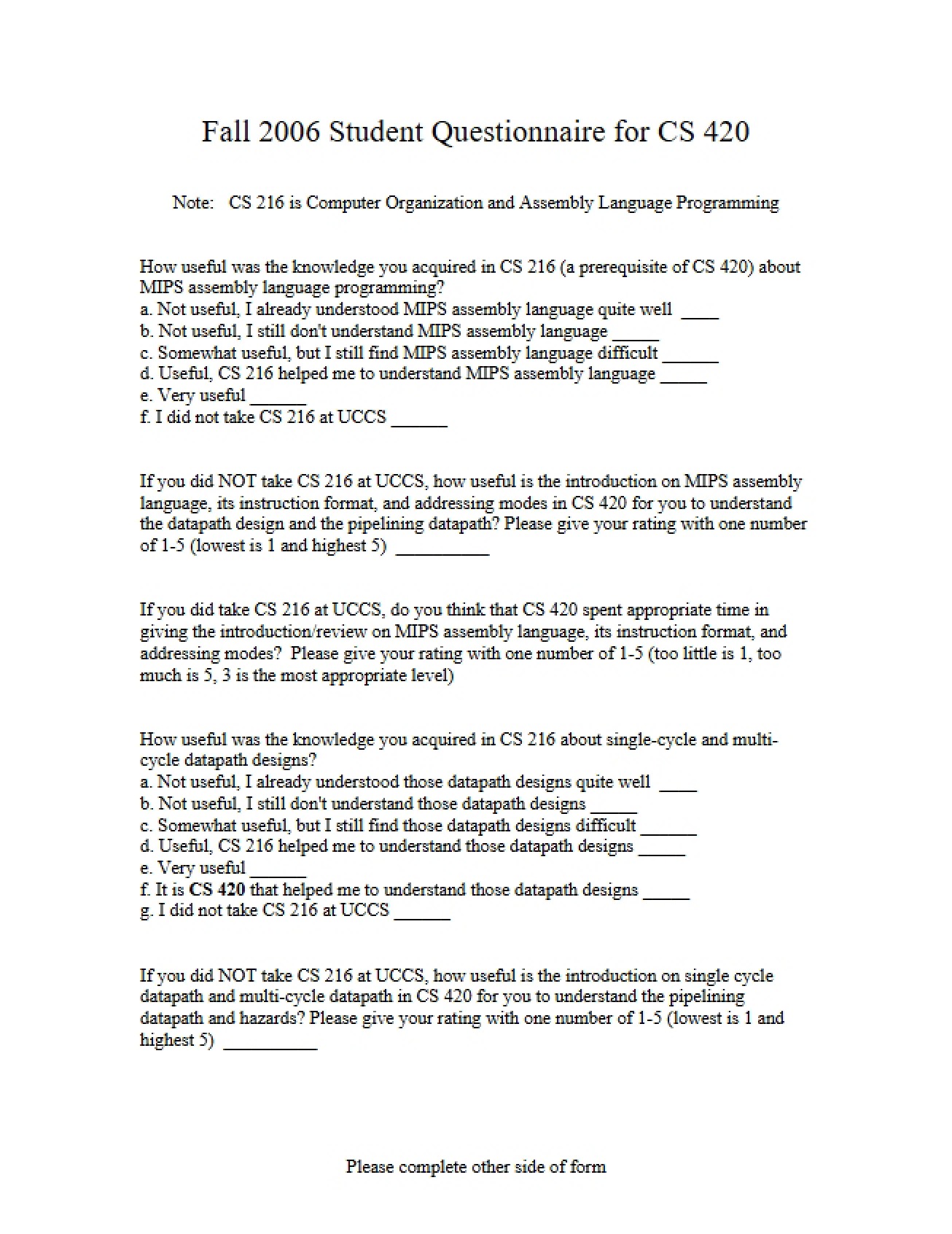 Questionnaire for CS 420 Students