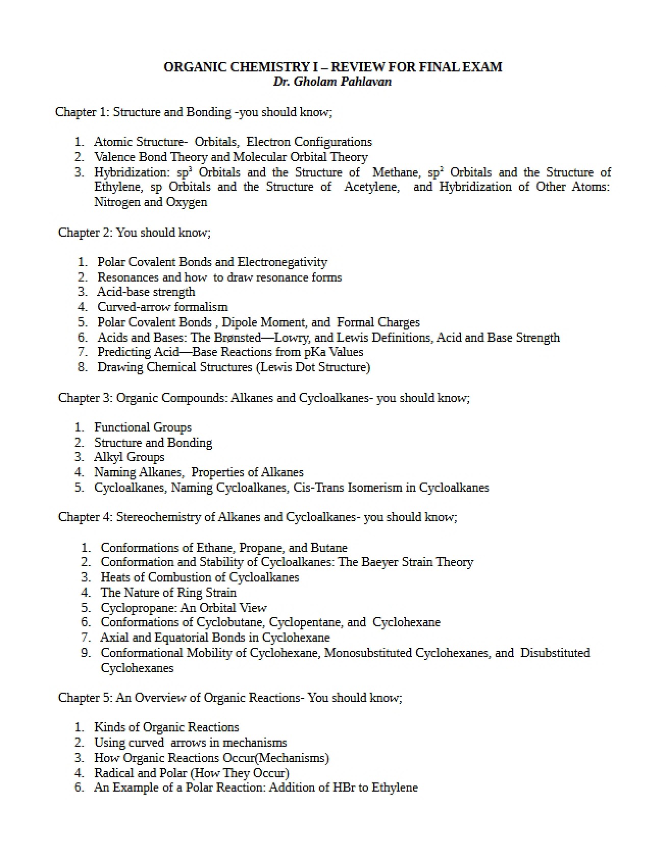 Comprehensive Final Exam Review for Organic Chemistry