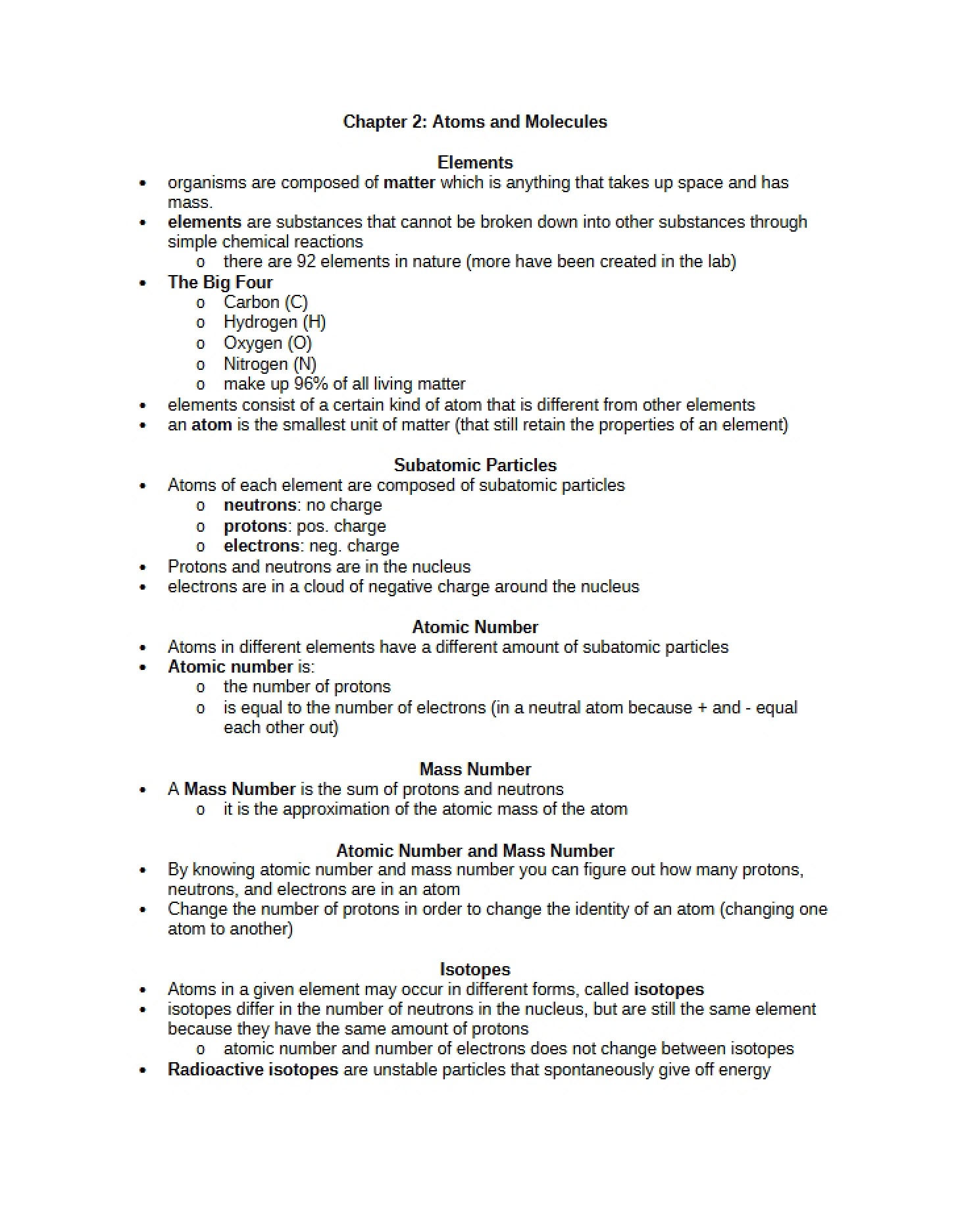 Atoms and Molecules (Chapter 2)